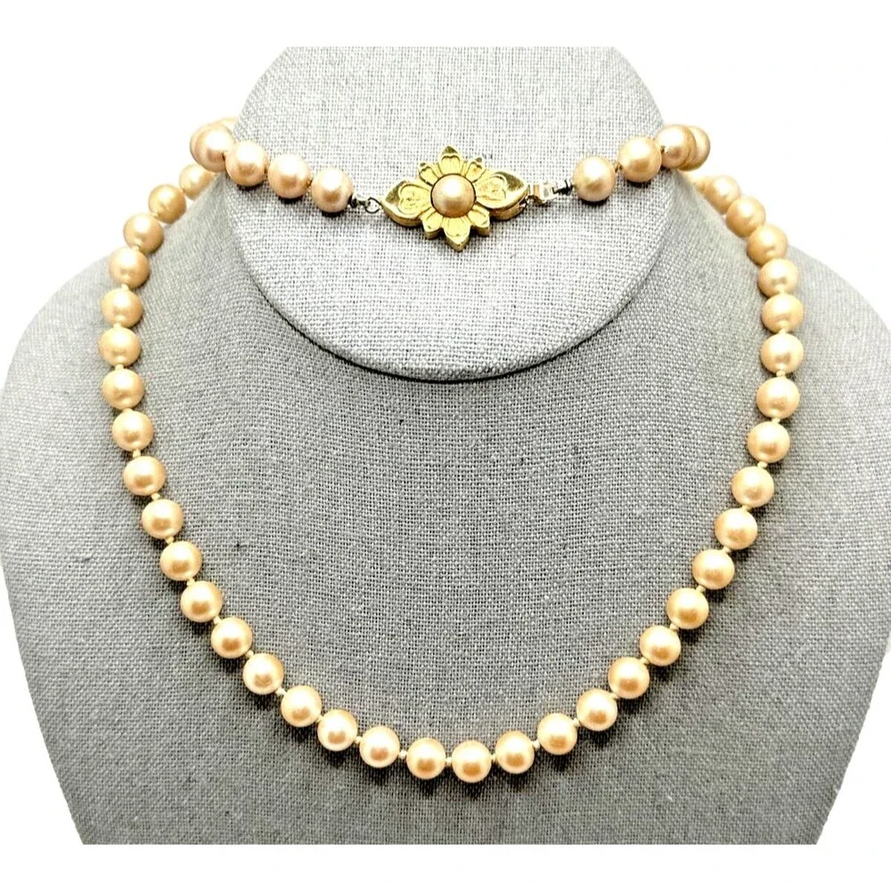 Vintage Faux Pearl Necklace Pale Gold Glass Bead Floral Clasp Statement 28